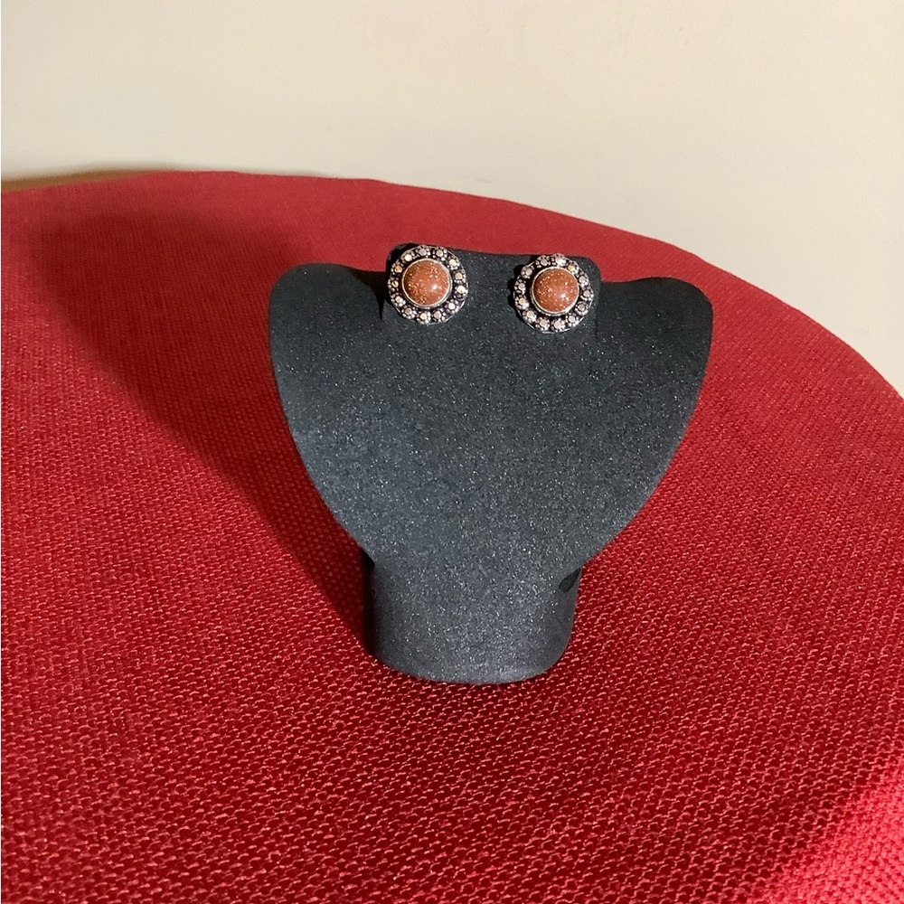 Goldstone Halo Stud Earrings - Brown Goldtone Crystal Accent